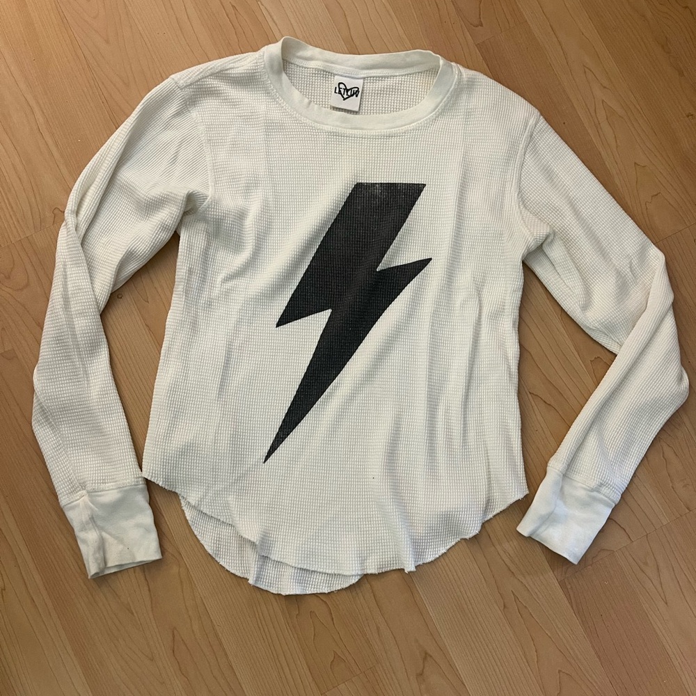 Anthropologie White Long Sleeve Waffle Tee with Black Lightning Bolt